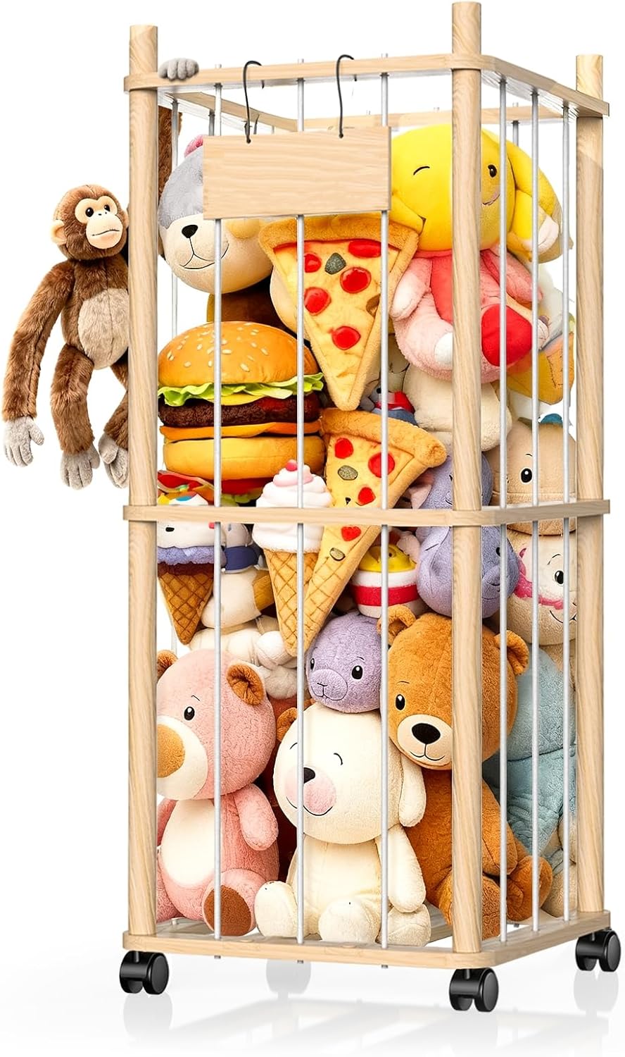 Stuffed Animal Storage & Holder, Natural Pine Wood Plushies Storage with Wheels, Large Capacity Stuffed Animal Zoo with Elastic Cord, Space Save Toy Organizer for Playroom Bedroom & Toddler Room