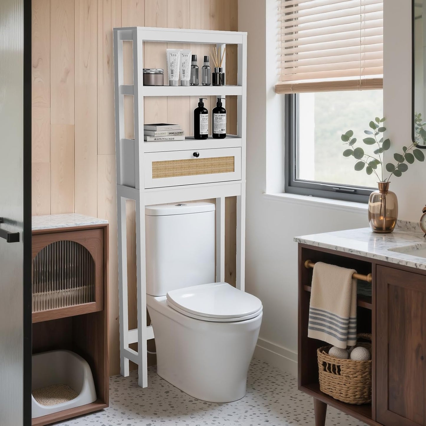 Over The Toilet Storage Cabinet, 3-Tier Bathroom Organizer with Rattan Door, Wooden Space Saver for Restroom, Bathroom, Laundry