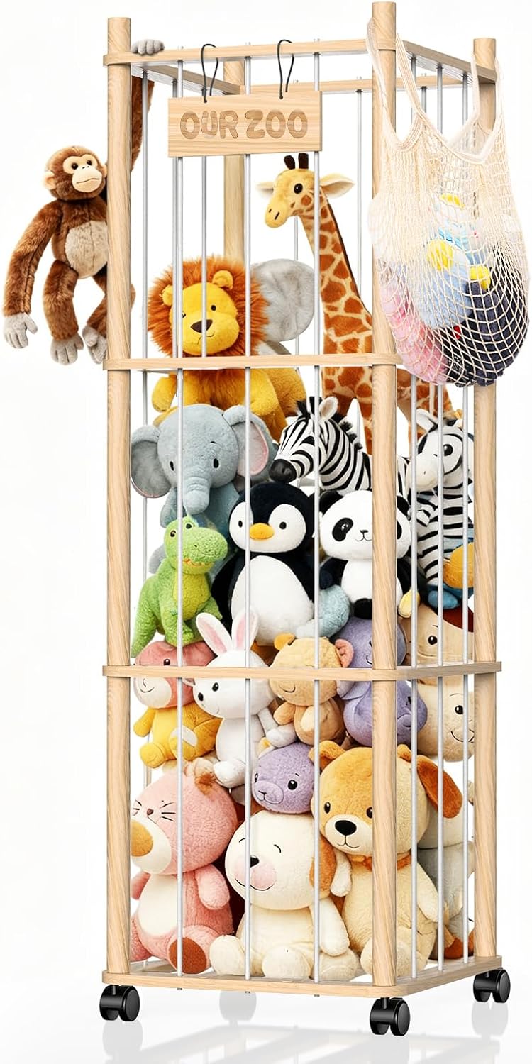 Stuffed Animal Storage & Holder, Natural Pine Wood Plushies Storage with Wheels, Large Capacity Stuffed Animal Zoo with Building Block Bag, Space Save Toy Organizer for Nursery Playroom & Bedroom