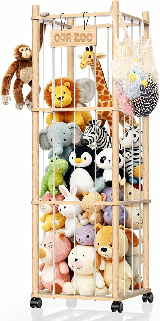 Stuffed Animal Storage & Holder, Natural Pine Wood Plushies Storage with Wheels, Large Capacity Stuffed Animal Zoo with Building Block Bag, Space Save Toy Organizer for Nursery Playroom & Bedroom