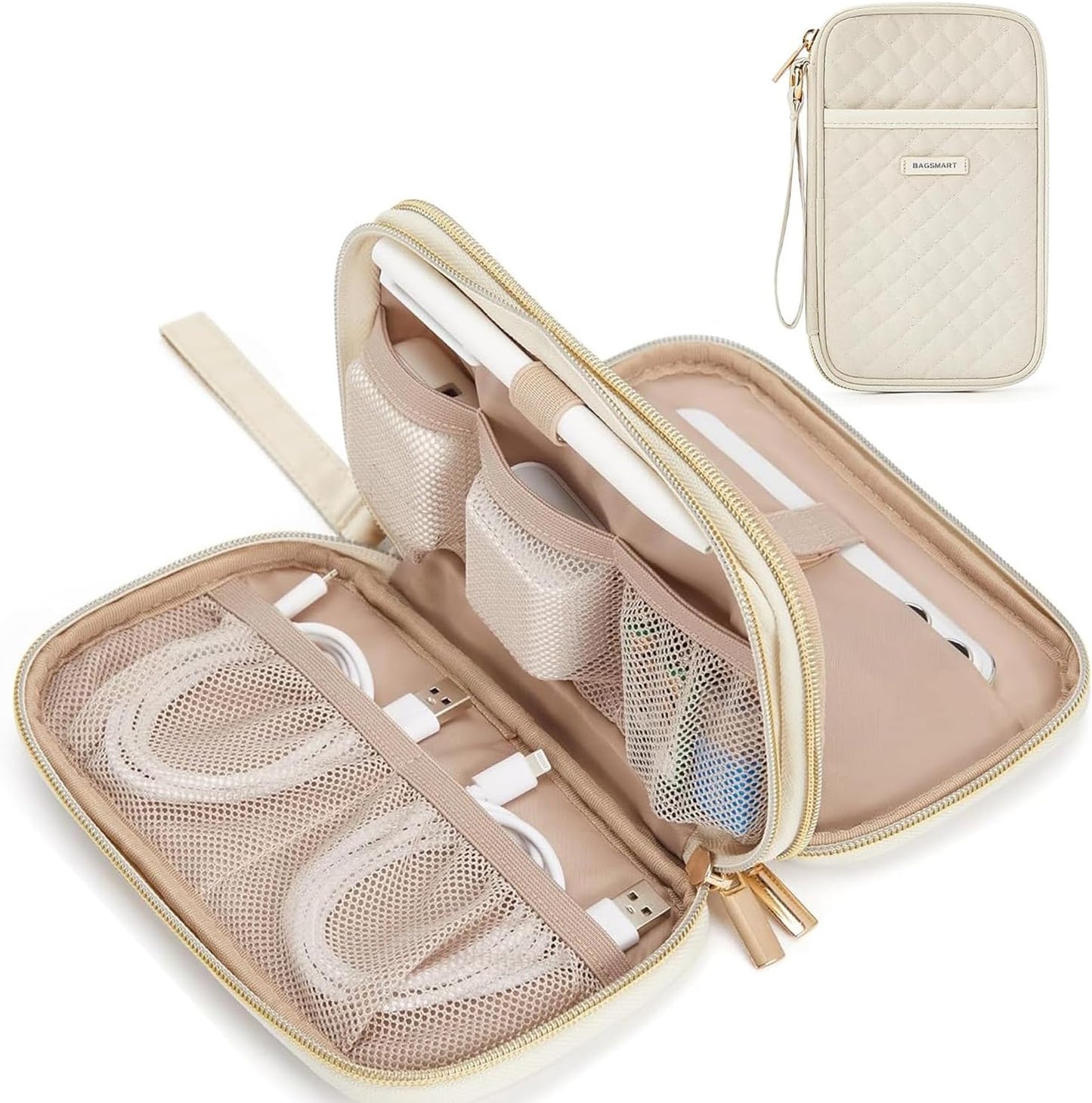 BAGSMART Electronic Cord Cable Organizer Travel Bag Case, Double Layers Tech Electronic Bag, Essentials for Charger, Cable, Phone, Flash drive, Beige