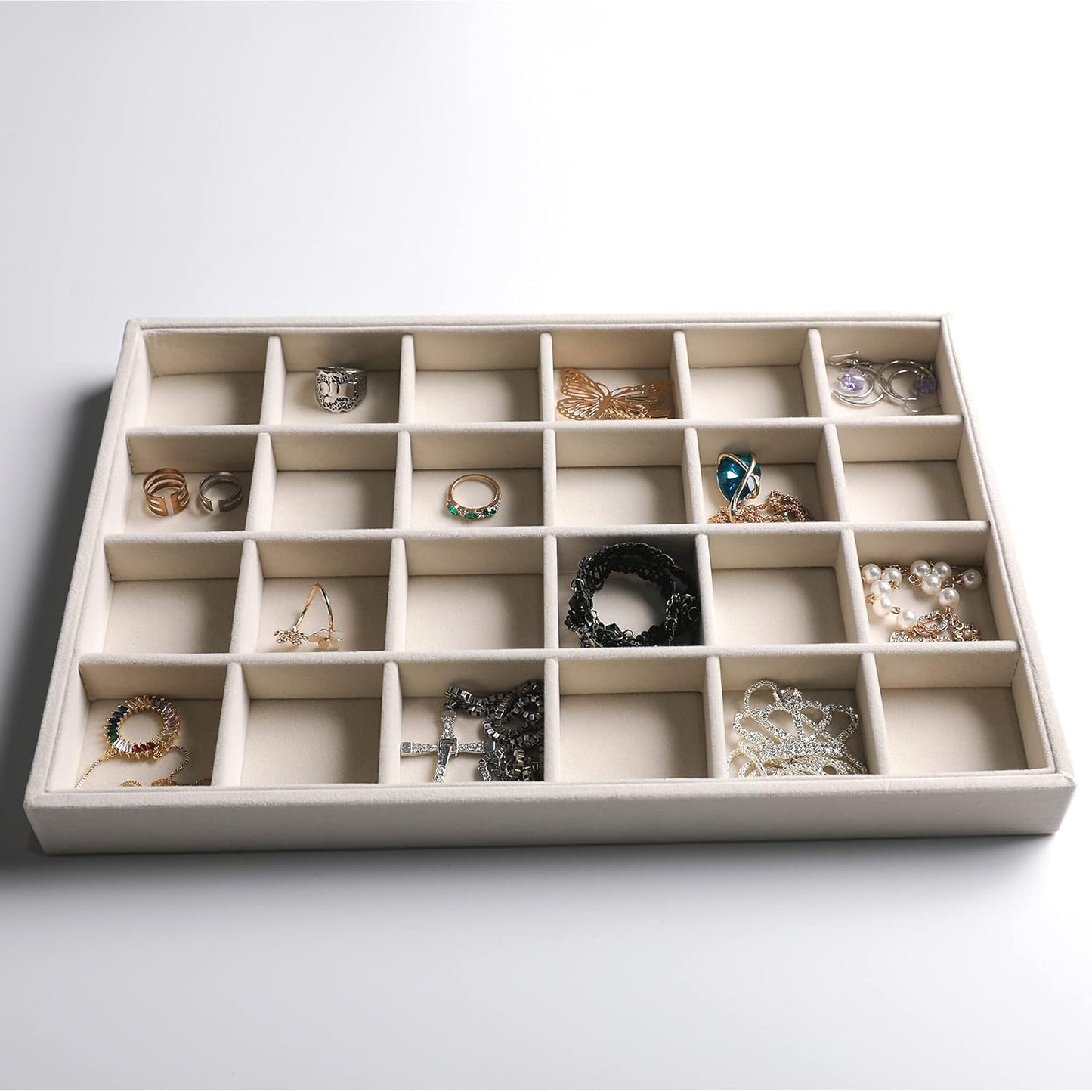 Frebeauty Stackable Velvet Jewelry Organizer Trays for Drawers Inserts Jewelry Storage Tray Display Case Earrings Bracelets Necklace Rings Accessories Trays for Women Girls(Set of 4)（Beige