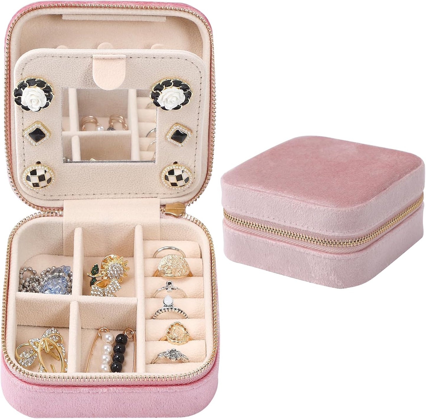 Dajasan Velvet Travel Jewelry Box, Mini Travel Jewelry Case, Small Portable Travel Jewelry Organizer Box with Mirror for Earrings Bracelets Rings Necklace (Pink)