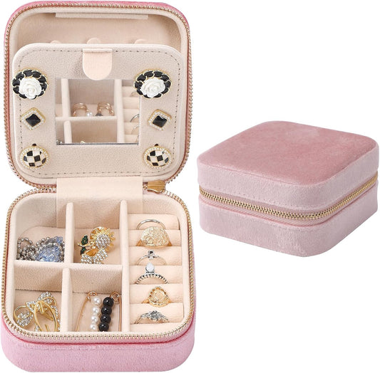 Dajasan Velvet Travel Jewelry Box, Mini Travel Jewelry Case, Small Portable Travel Jewelry Organizer Box with Mirror for Earrings Bracelets Rings Necklace (Pink)