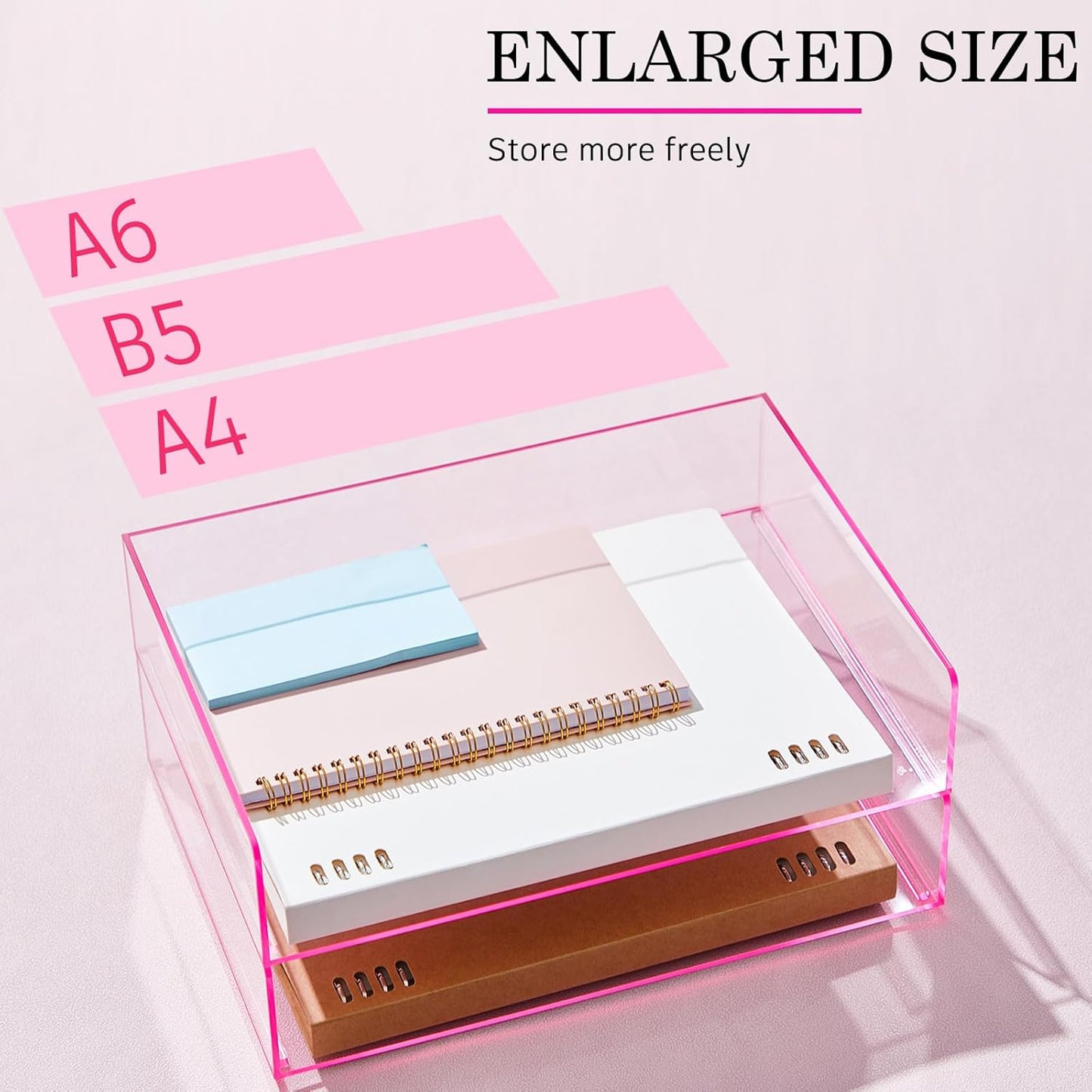 Harloon 4 Tier Acrylic Paper Tray 12.4 x 8.7 x 2.7 Inches Stackable Letter Clear Organizer No Need to Assemble Acrylic Paper Organizer File Tray for Office Workspace Desktop Storage(Transparent Pink)