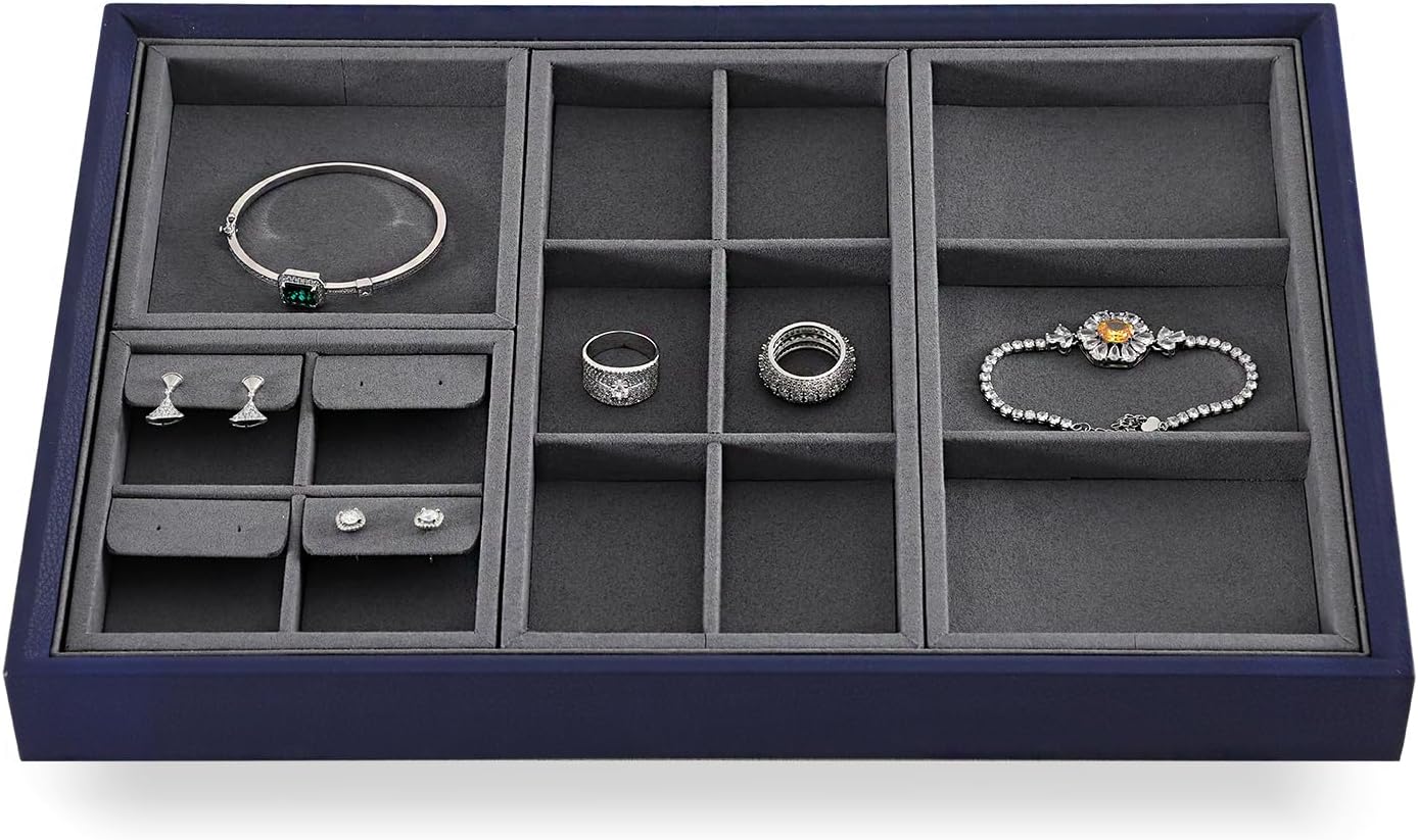 Dark Blue Jewelry Display Tray Ring Necklace Earring Bangle Organizer Multifunctional Storage Case for Jewelry Showcase (Long 3 Grids Tray)