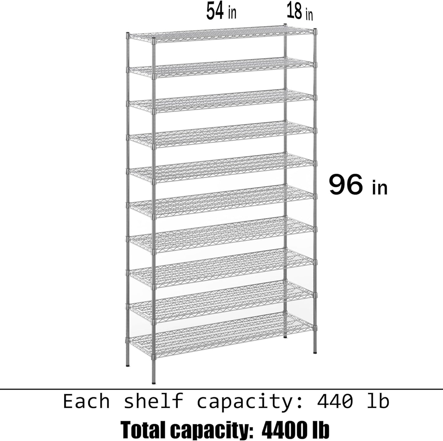 18" Deep x 54" Wide x 96" Height Wire Shelving Kit | 10-Tier | NSF Commercial Storage Rack Unit