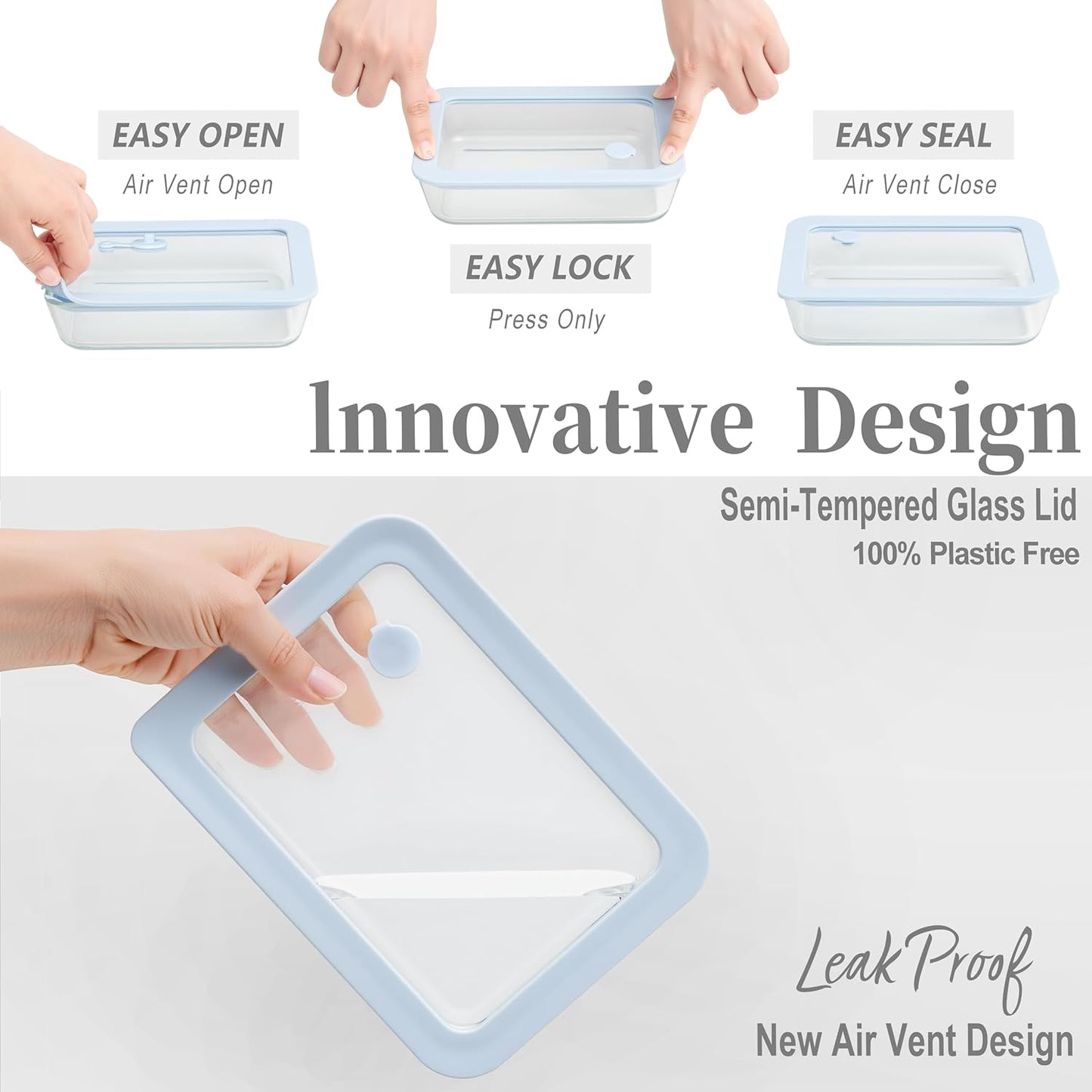 Urban Green Glass Food Container Set with Silicone Glass Lid, 3 Pack, Airtight, LeakProof, 100% Plastic Free, Meal Prep Food Storage Containers