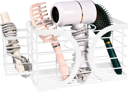 Elegant White Wall Mounted Hair Dryer Holder - Stylish Bathroom Organiser for Hair Dryer & Straightener, Hair Brush & Accessories