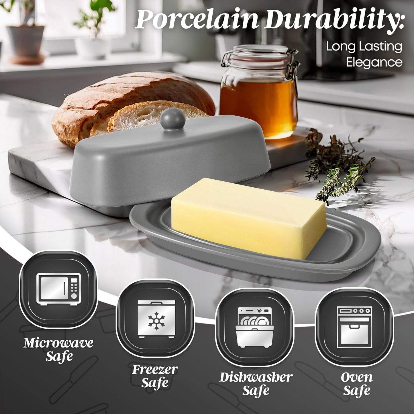 Flexzion Ceramic Gray European Butter Dish with Lid for Countertop (7 Inch) - 1 Stick Butter Holder for Counter, Cream Cheese Container Storage Keeper