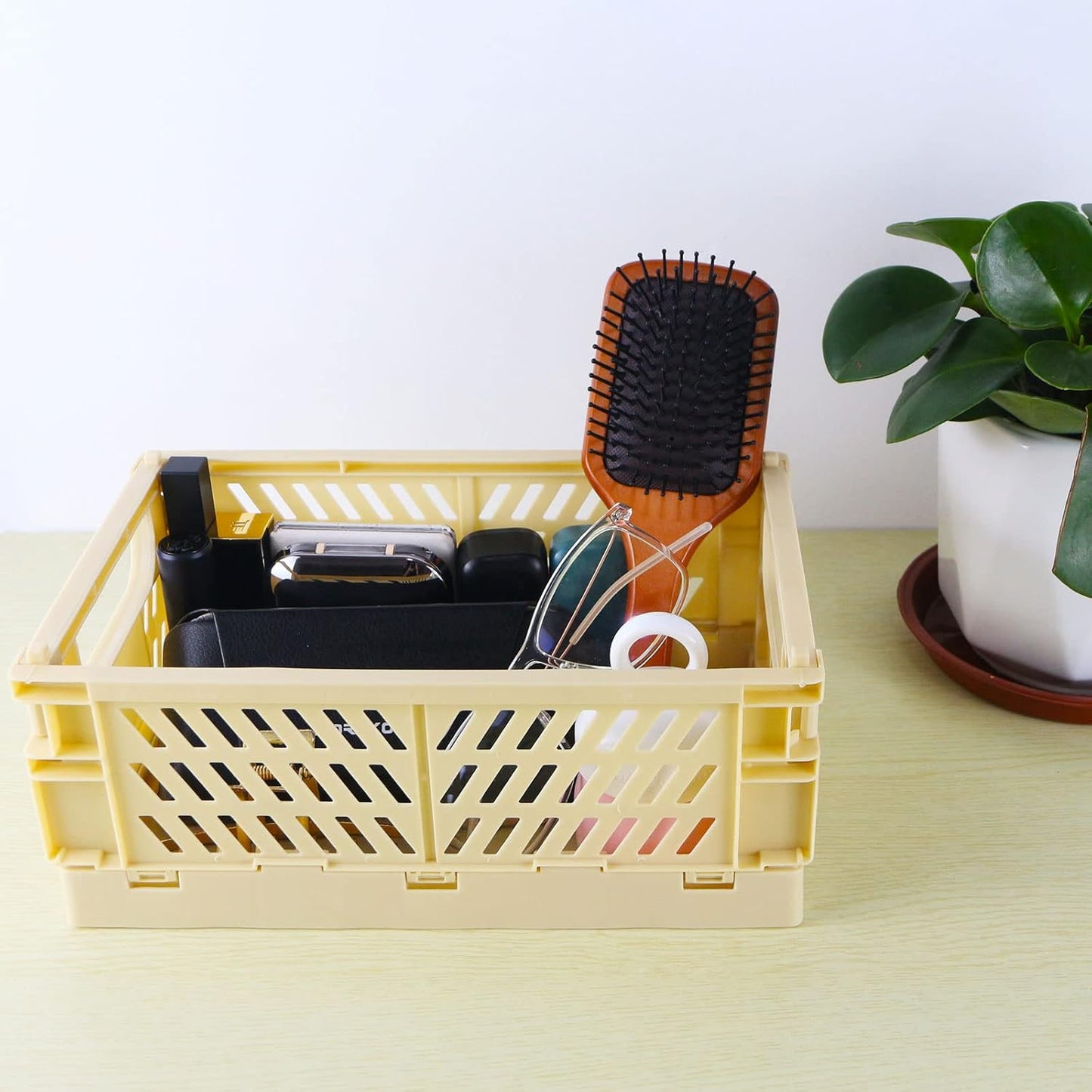Tixill 2-Pack Mini Foldable Plastic Baskets for Organizing and Storage, Collapsible Storage Crate for Home Kitchen Bedroom Bathroom Office (9.8x6.5x3.8, Yellow)