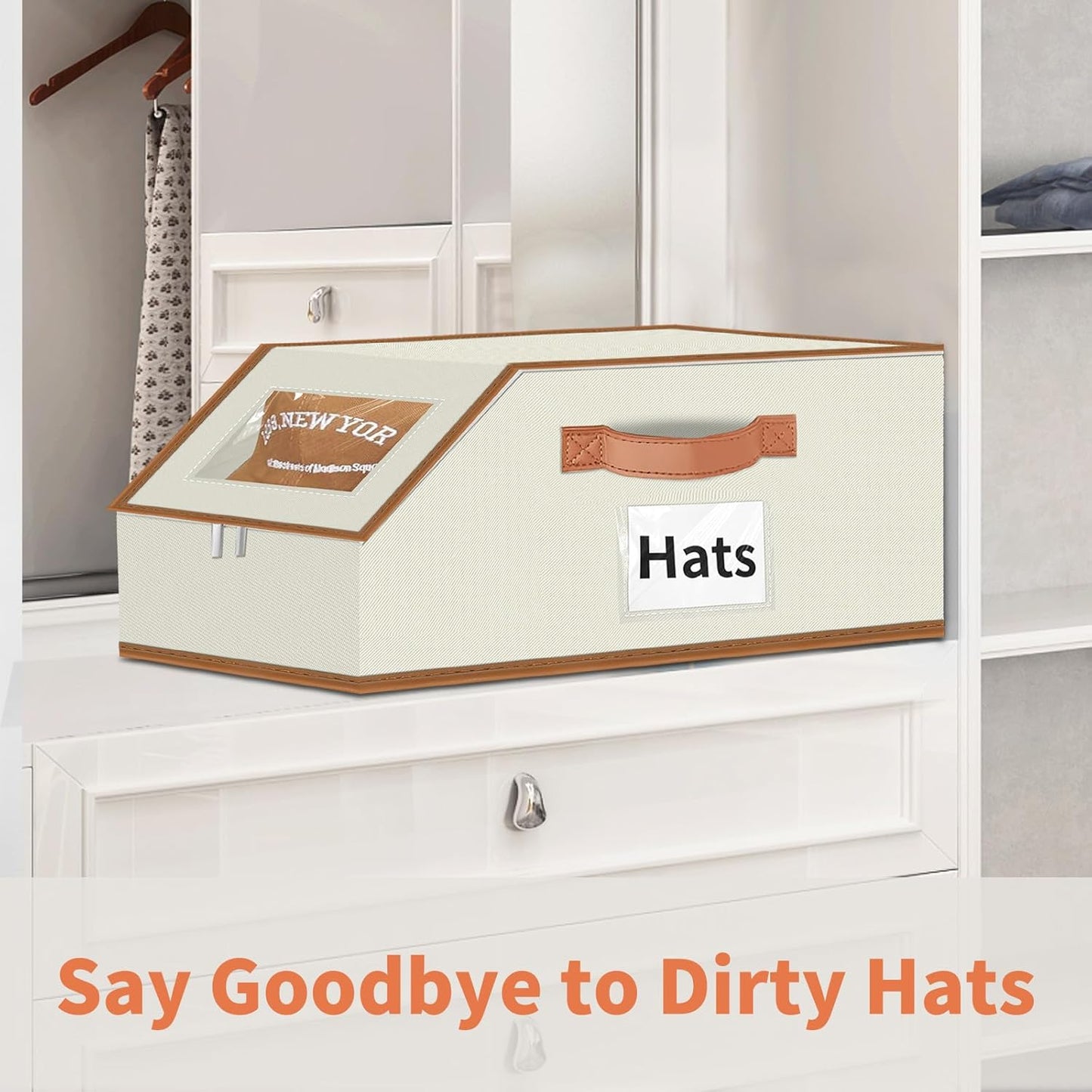 Hat Organizer for Baseball Caps - 2PCS Stackable Storage with Clear Window Lid, Flip-Top Access, Space-Saving Hat Box for Closet, Breathable Fabric (beige with brown)