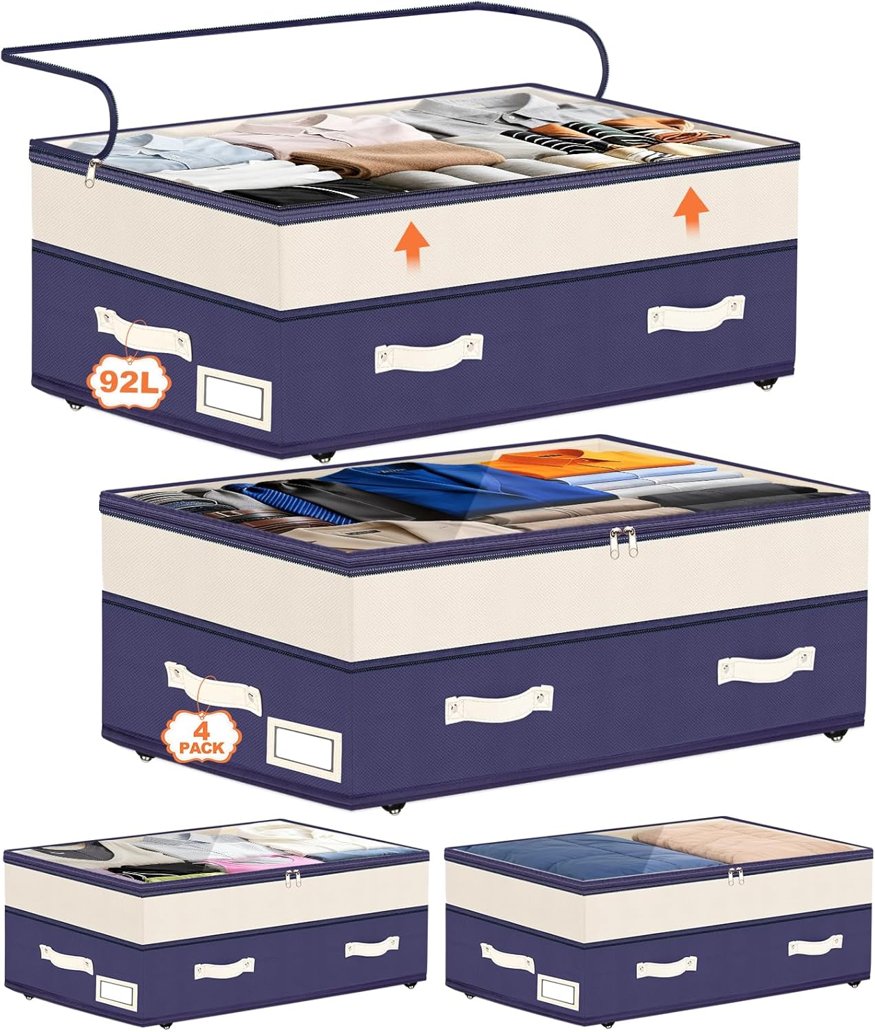 Dolicer 4 Pack Under Bed Storage with Wheels, 6in-10in Height Adjustable Underbed Storage Containers, 92L XXXL Under Bed Drawers Rolling Bin with Clear Lids for Dorm Shoes Clothes Organizers(Blue)