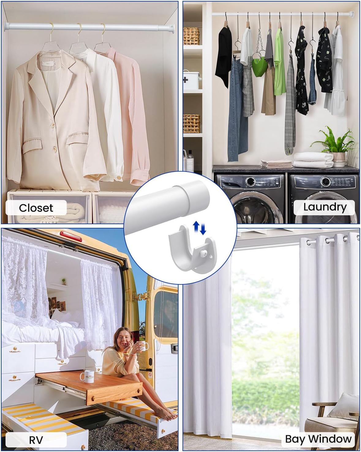 Closet Rods for Hanging Clothes, 17 to 159 Inches Stepless Adjustable Metal Closet Rod, 1.3 Inches Heavy Duty Clothes Hanging Rod for Closet Wardrobes Laundry RV, White