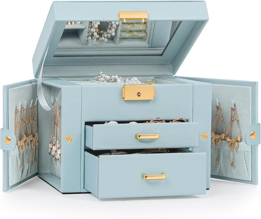 TORIBIO Jewelry Box for Women, Leather Jewelry Organizer with Mirror & Lock, 3-Tier Jewelry Storage Organizer with 2 Drawers for Girls/Women/Mothers, Necklace Earring Bracelets Holder Organizer