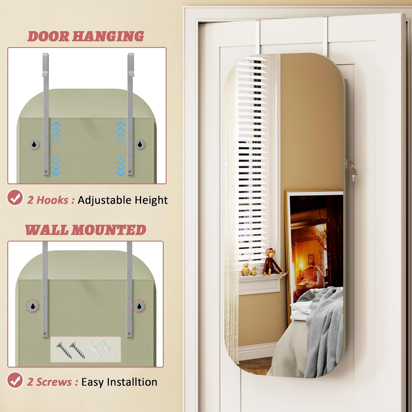 LVSOMT Round Mirror Jewelry Cabinet Door Hang, Jewelry Armoire with Mirror Wall Mounted, Hanging Mirror Jewelry Organizer, Full Length Mirror with Jewelry Storage, Green
