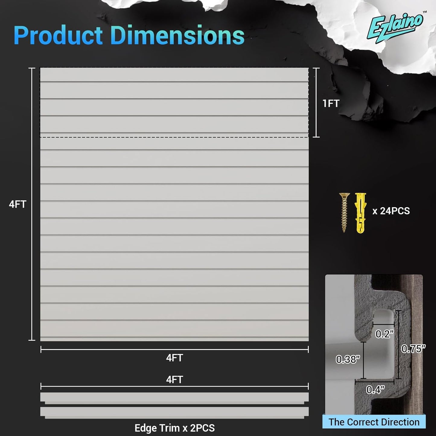 Ezlaino 4x4ft PVC Slat Wall Paneling - Thickened & Durable, Waterproof, Versatile | Fits Most Slatwall Accessories (Not Included) | Ideal for Garage, Home & Store Organization, Gray