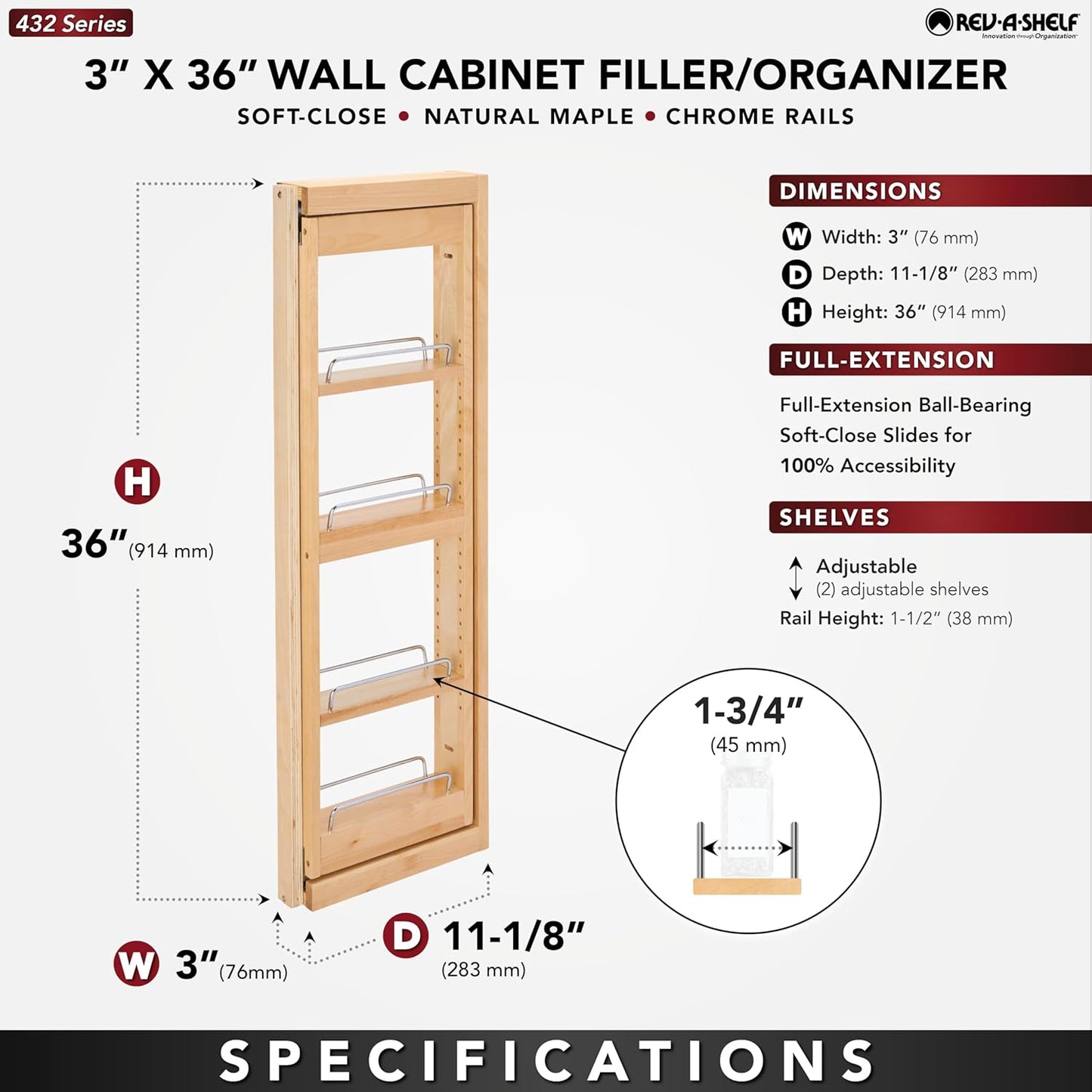 Rev-A-Shelf Kitchen Cabinet Pullout Wall Filler Wooden Organizer Slide Out Pantry Storage w/Soft-Close in Multiple Sizes, 3 x 36 In, 432-WFBBSC36-3C