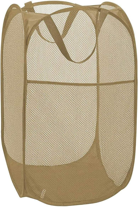 Larpur Popup Mesh Laundry Basket, Collapsible and Portable Clothes Washing Laundry Hamper with Reinforced Carry Handle (Beige)