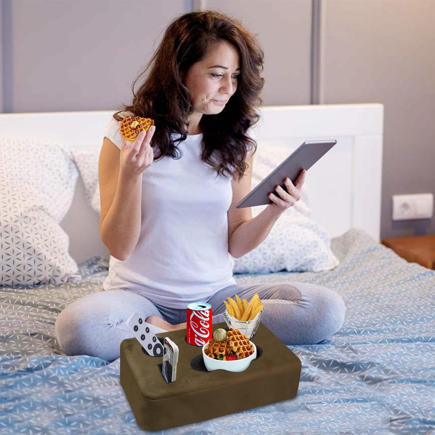 Couch Bed Cup Holder Pillow, Nisdoing 5 Hole Couch Drink Holder! Keep Drinks Hand Side and KeepTemp, Prevent Spills and Use Anywhere.Cup Holder for Couch, Bed,Camping,RV,Car,Beach.Brown