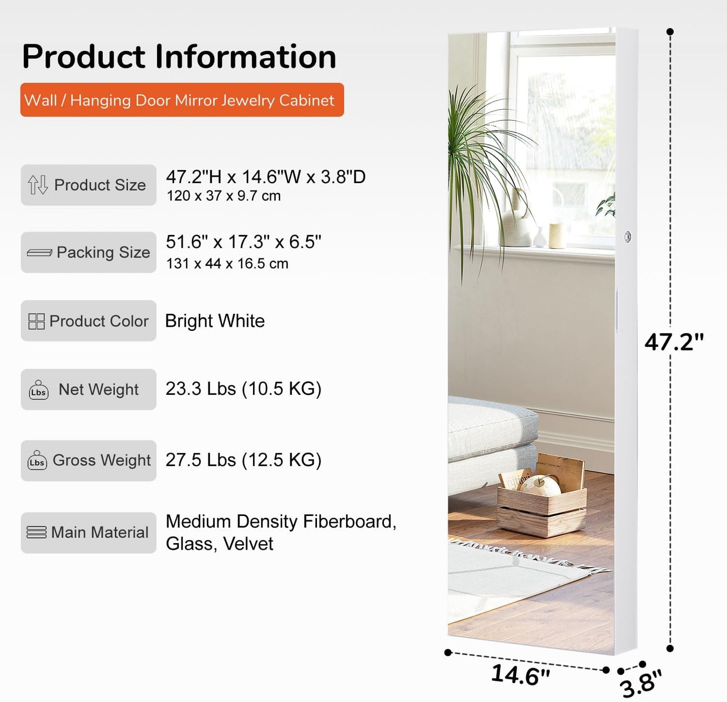 GISSAR Full Length Mirror Jewelry Cabinet, 6 LEDs Jewelry Armoire Wall Mounted Over The Door Hanging, Jewelry Organizer Storage with Lights Lockable, White Surface with Beige Lining, 14.6" x 47.2"