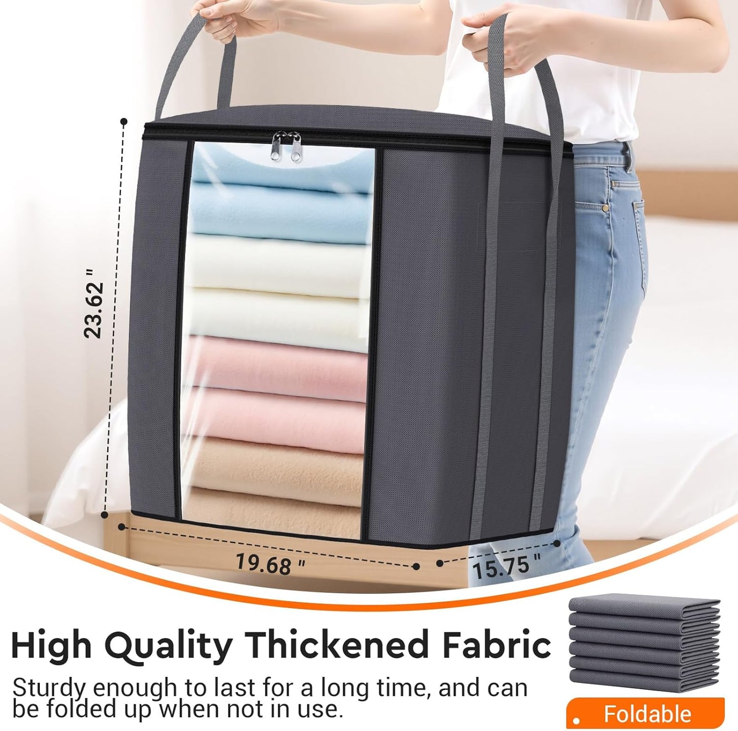 120L Extra Large Clothes Storage Bags, Foldable Blanket Storage and Organization, Thick Fabric Containers with Reinforced Handles & Zippers for Clothing, Comforters, Bedding, Gray, 6 Pack