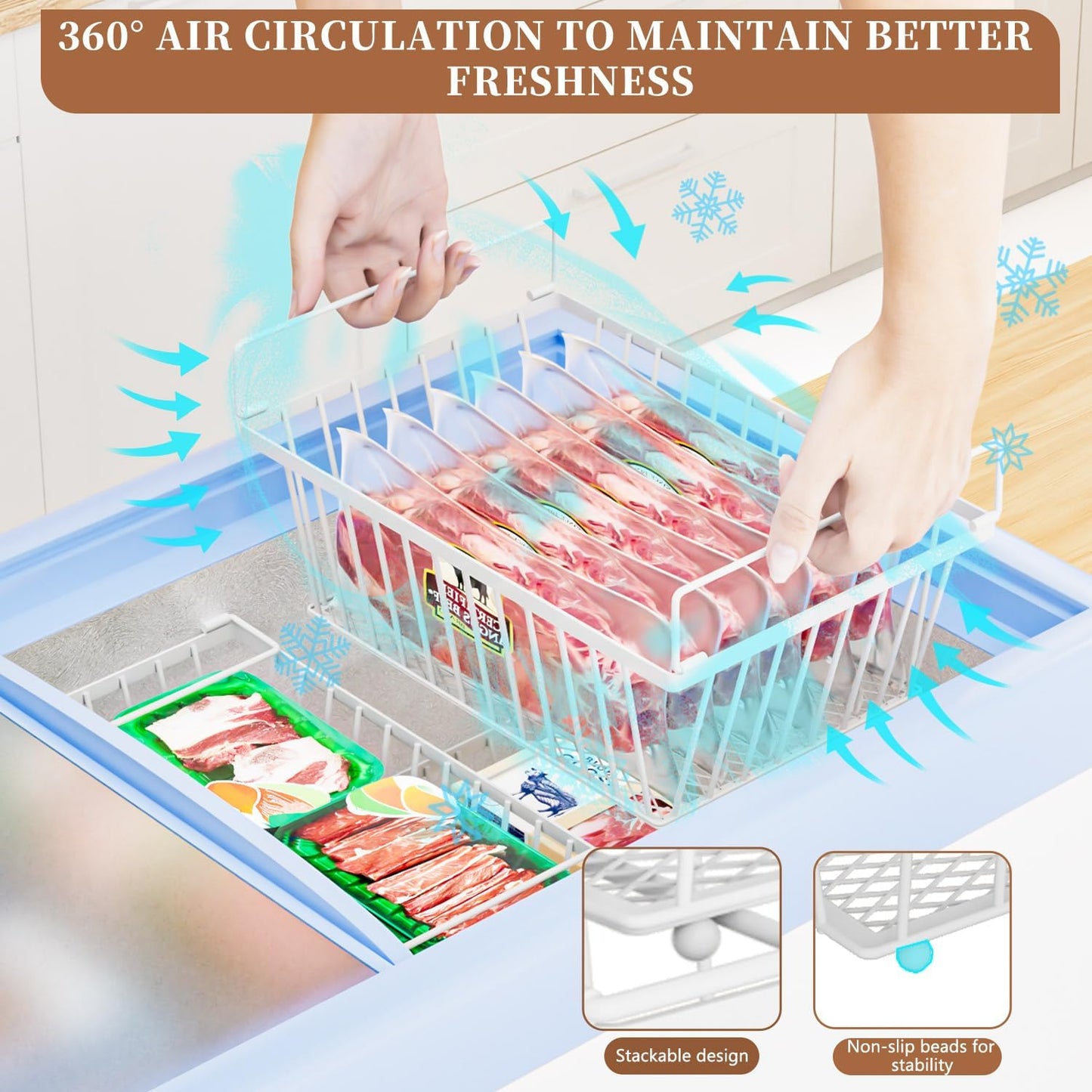 Freezer Organizer Bins ，Enhanced Leak-Proof Bottom，4 Pack Stackable Deep Freezer Organizer Bins for 5 Cu.FT Small Chest Freezer，Easy Get Bottom Foods without Digging （for 5 Cu.Ft