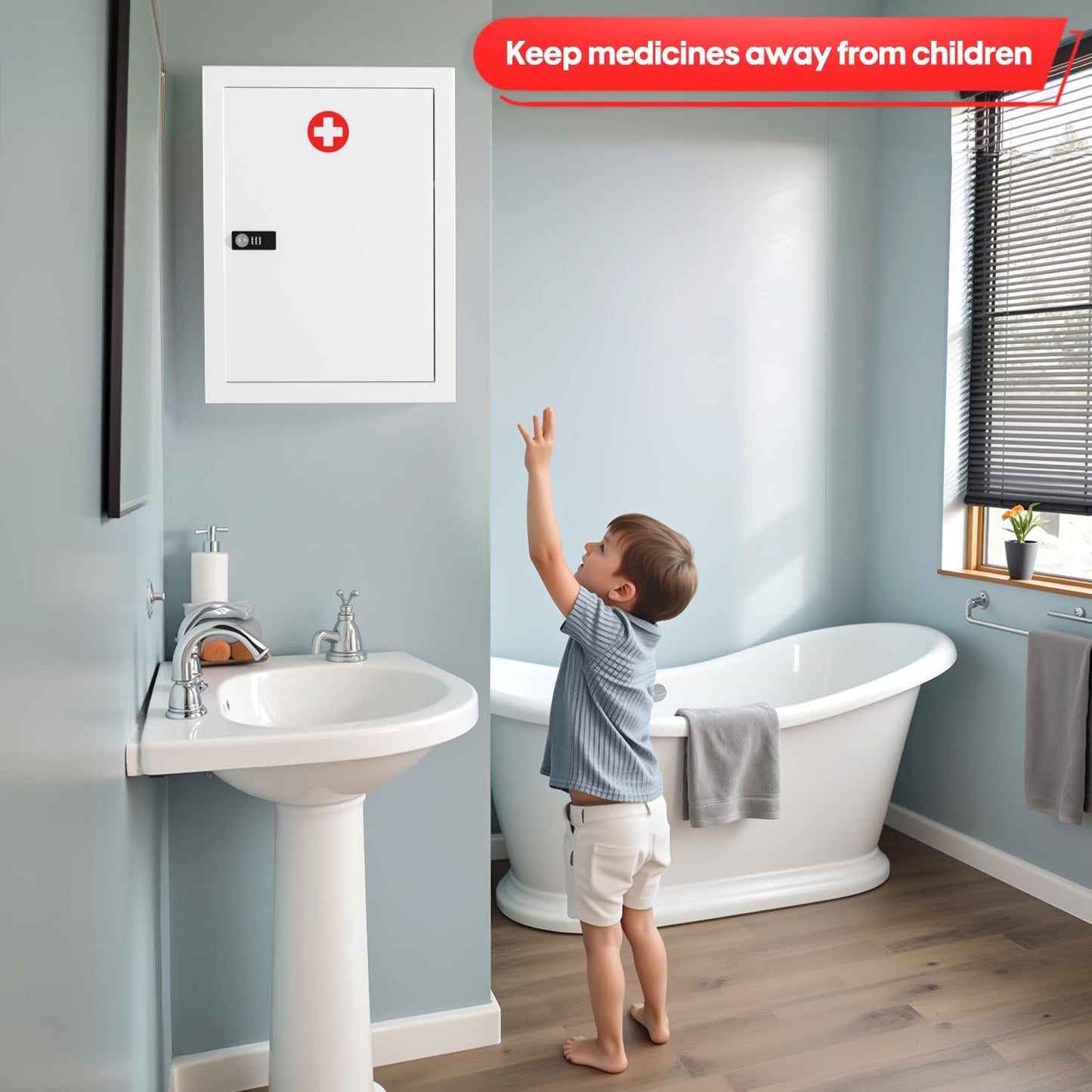 Wall-Mount Locking Medicine Cabinet: Large Metal Storage Organizer Box with Combination & Key Lock - First Aid Medicine Cabinet 3-Compartment Design for Bathroom Home (15.75" H x 11.82" W x 4.72" D)