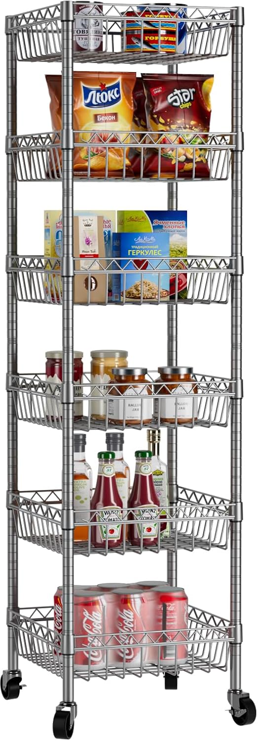 6 Shelves Storage Shelf Wire Closet Bathroom Organizers Metal Pantry Kitchen Garage Shelving Unit Laundry Room Organization Home Rack Net Basket Silver with Wheels 14" Dx14 Wx64.8 H