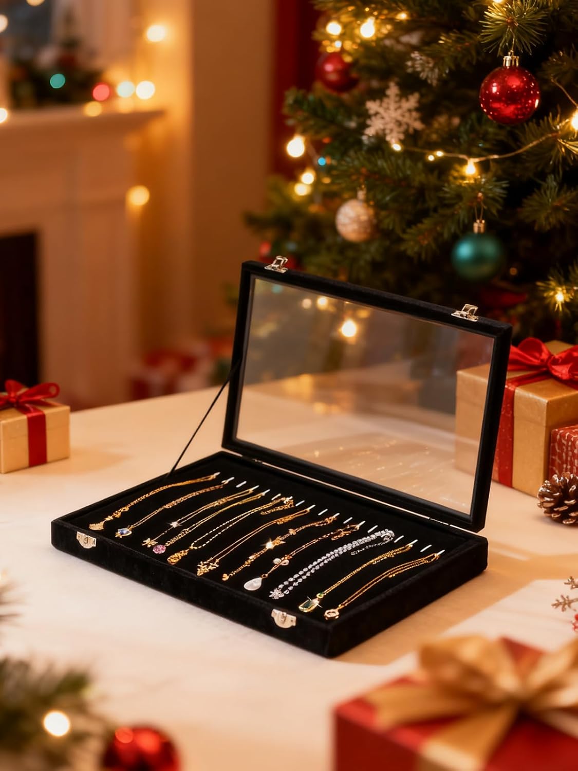 Jenseits Necklace Organizer Box, Tray with Clear Lid, Velvet Dustproof Necklaces Holder Storage Display Case, 20 Hooks Glass Top Jewelry Tray Drawer Insert for Pendant Bracelet