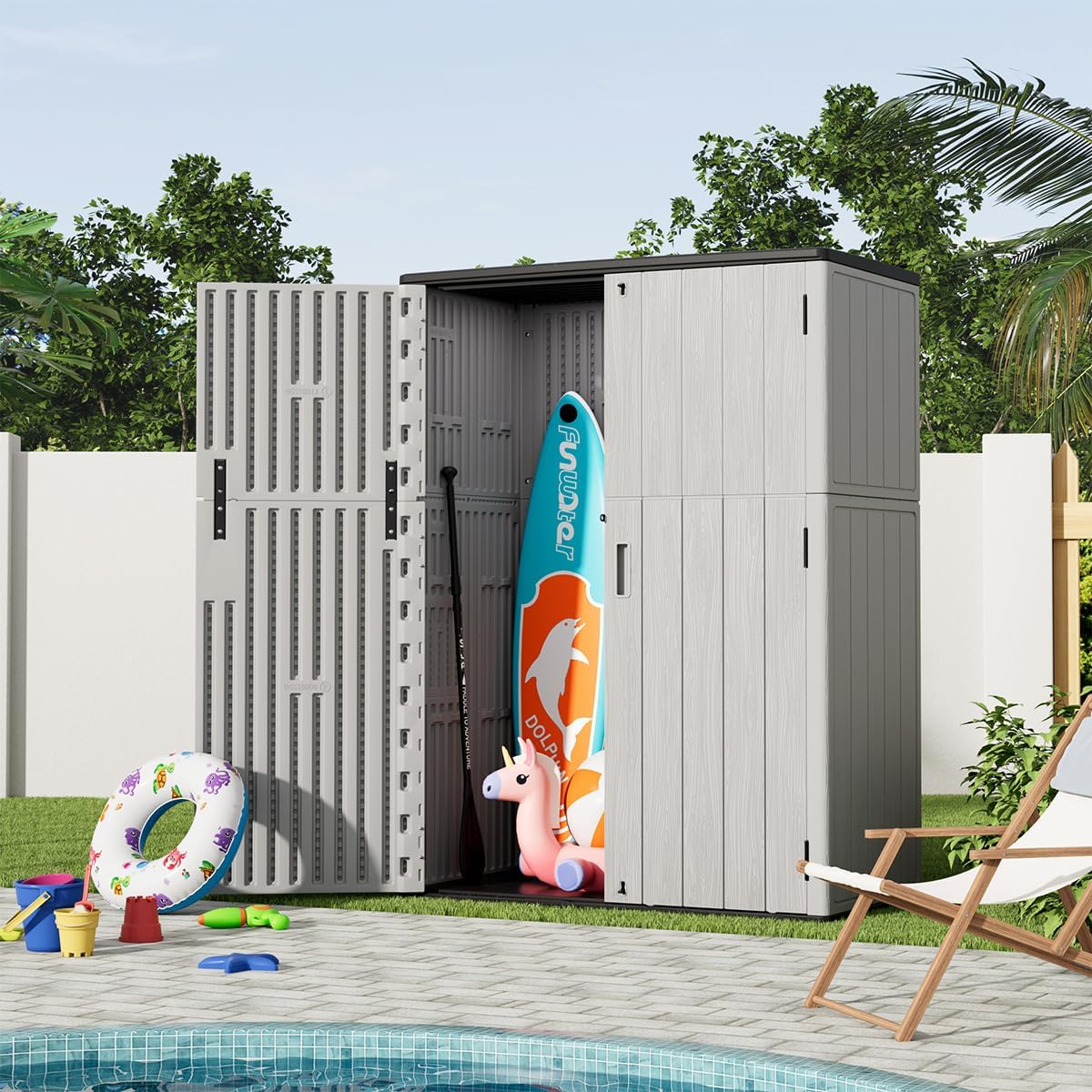 KINYING Outdoor Vertical Storage Shed,57 Cu.ft Outdoor Storage Cabinet Waterproof,Resin Sheds & Outdoor Storage for Garden,Patio,Backyard,Lockable (Grey Color)