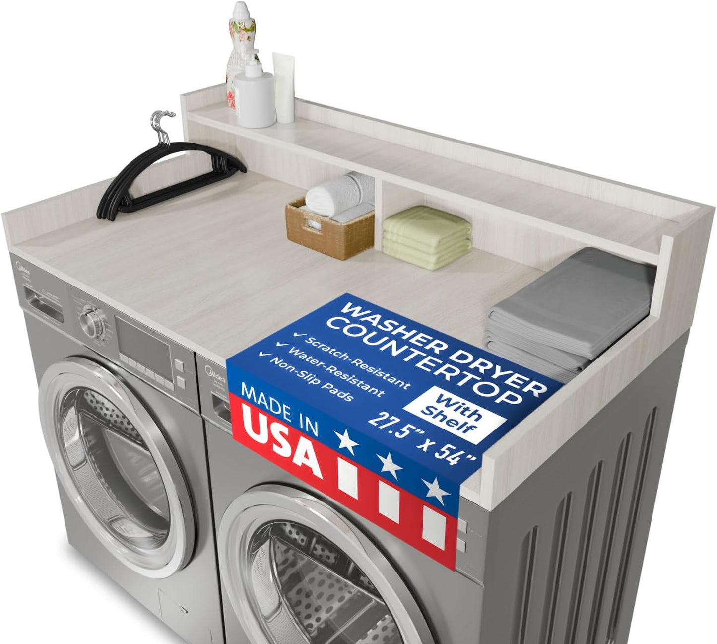 OfficeSimpli Washer Dryer Countertop with Shelf - 27.5 x 54 Inch - Made in USA Laundry Countertop Over Washer and Dryer with Non-Slip Pads, Storage Shelf, Laundry Topper Organizer, Rustic Oak
