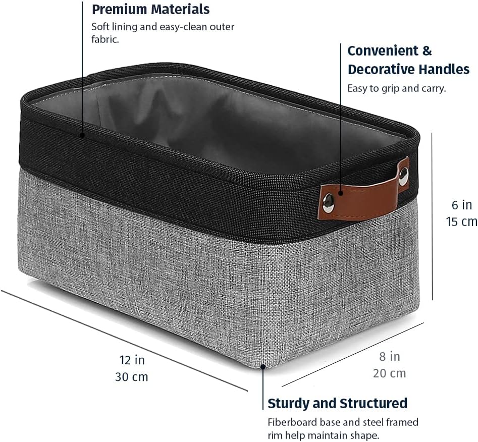 OrganiHaus Small Fabric Storage Baskets for Shelves 3 Pack, 12x08in Closet Storage Bins for Shelves, Canvas Baskets for Organizing, Linen Closet Organizers, Cloth Basket, Gray/Black