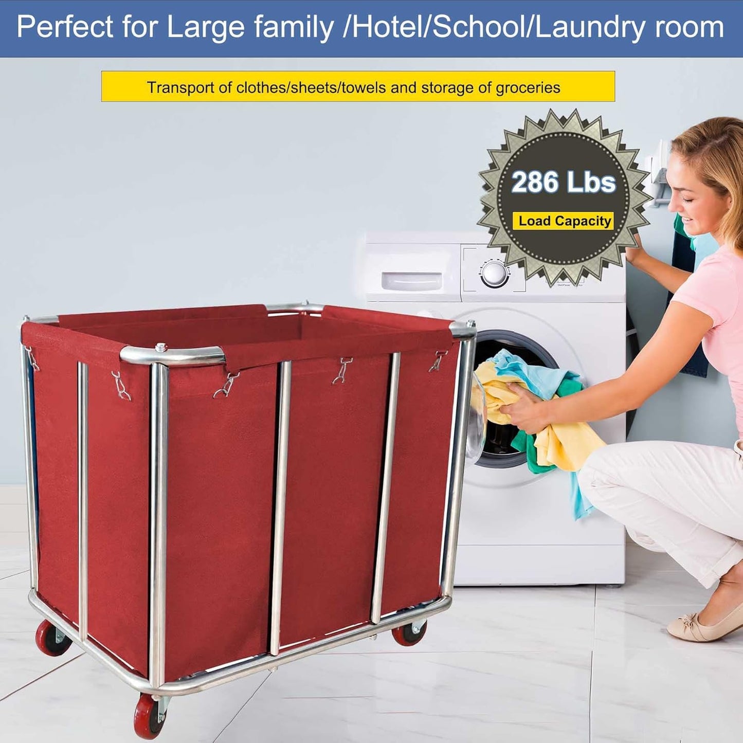 Laundry Cart Commercial,11.35 Bushel Large Industrial Rolling Laundry Hamper with 4 Inch Wheels,Household Heavy Duty Laundry Baskets with Stainless Steel Frame, 286 LBS Weight Capacity