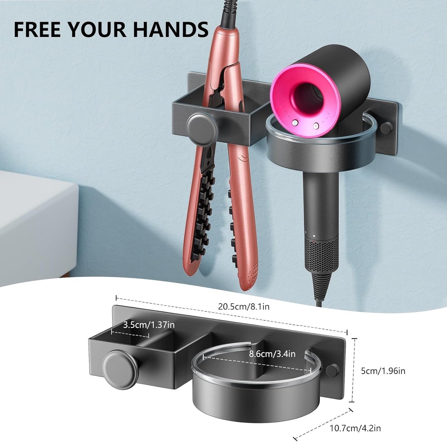 Wall Mounted Holder For Hair Dryer and Straightener,2 IN 1 Stainless Steel Blow Dryer Holder,Bathroom Hair Styler Tool Organizer Storage Rack for Curling Iron