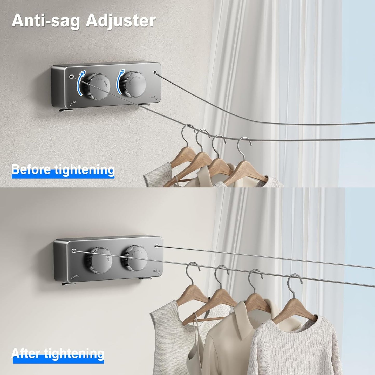 Retractable Clothesline Indoor, Non-Sagging Twin Clothes Line Retracting Outdoor Heavy Duty Clothes Drying Laundry Line Wall Mounted Stainless Steel Double Line-13.8 ft(Gray)