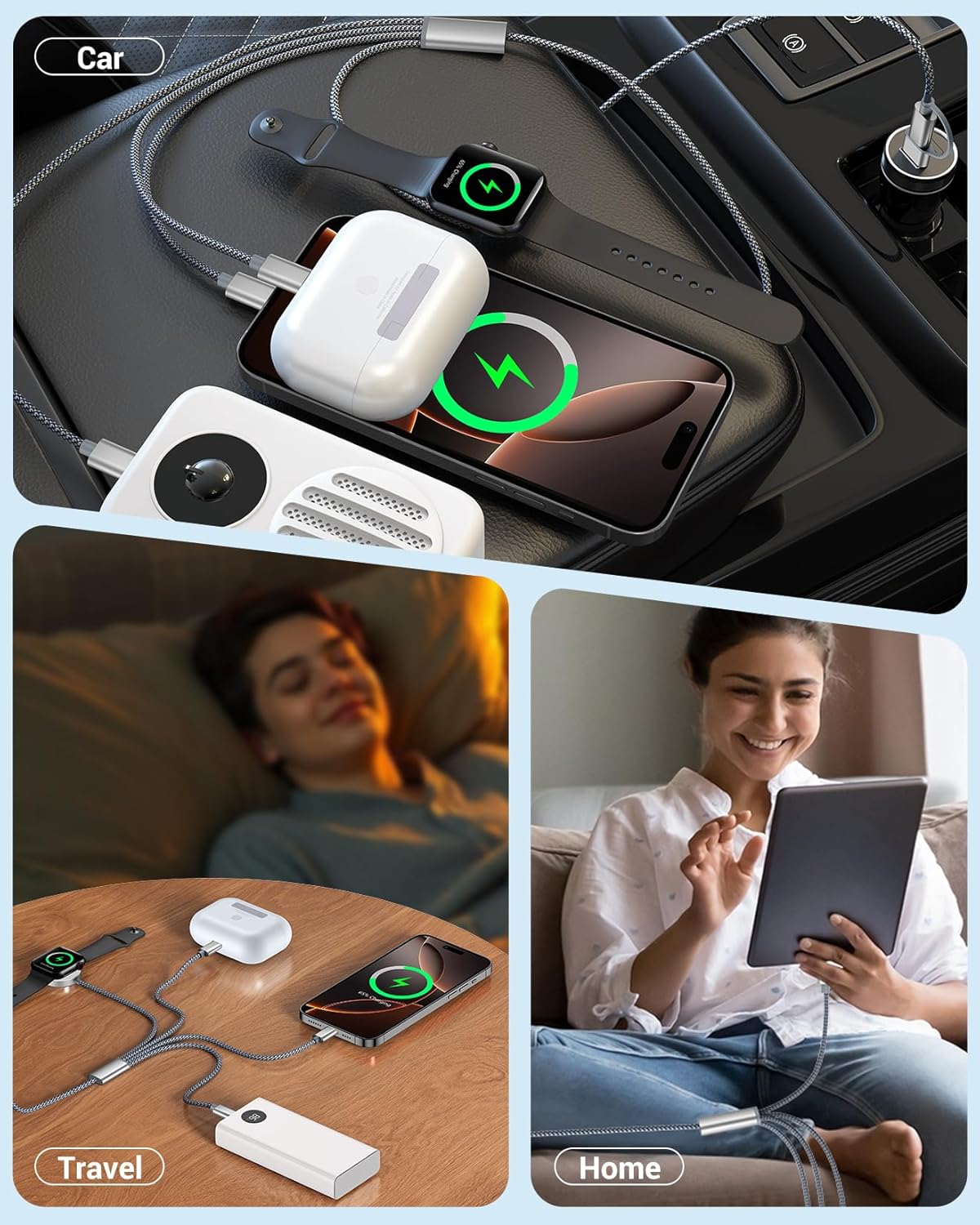 Temdan for Apple Watch Charger,4 in 2 USB C Cable for iPhone 17 Charger/Type C/Lightning/Micro USB,Multi Charging Cable Cord,Travel Vacation Essentials Designed for iWatch &iPhone 16-12-Grey