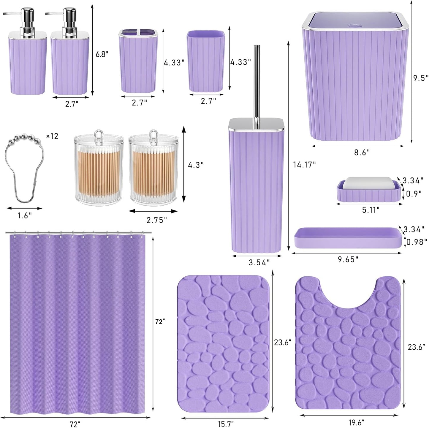 Bathroom Accessories Set - 25PC Bathroom Sets with Shower Curtain and Rugs, Purple Bathroom Accessories with Trash Can, Soap Dispenser, Soap Dish & Toilet Brush