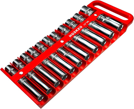 Magnetic Socket Holder Set with Handle, Portable Socket Organizer, Heavy Duty Socket Racks 1/2" Drive Holders Hold 22 standard Sockets for Tool Box (Red, 1/2" Drive)