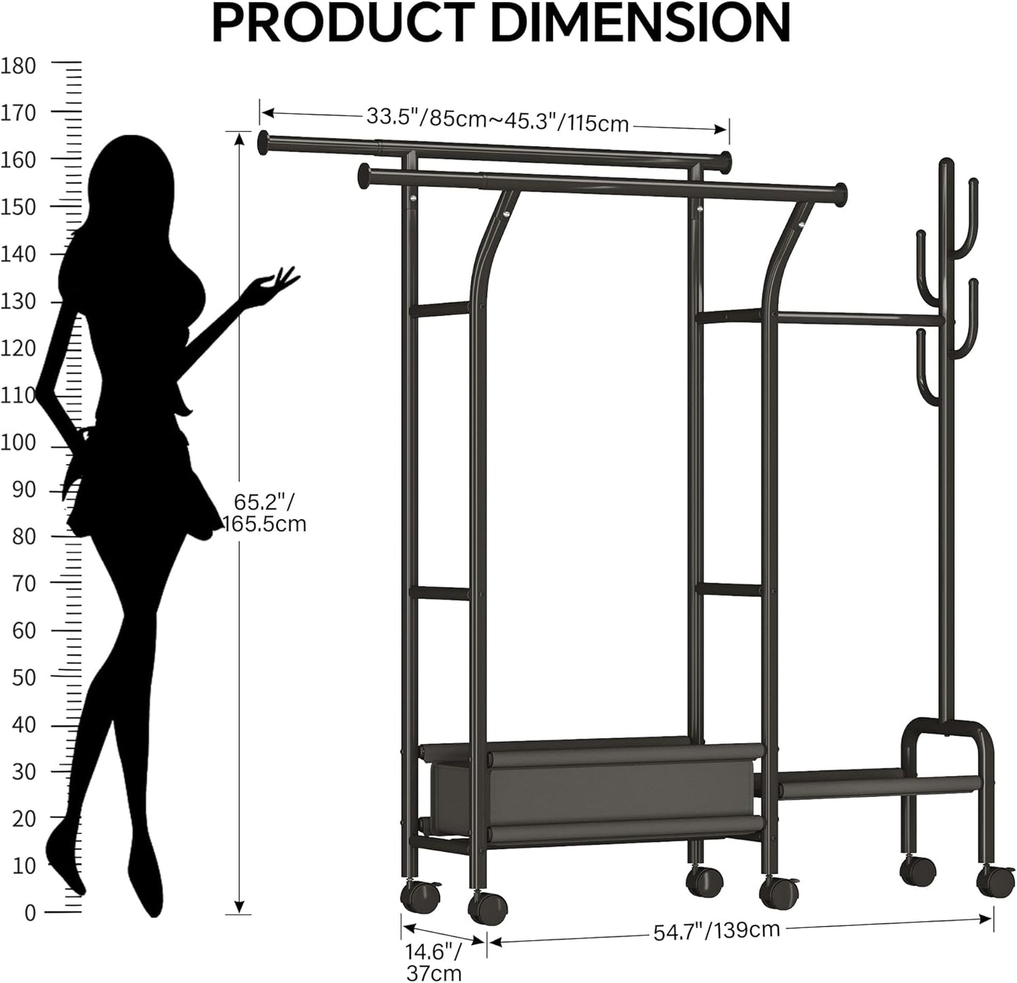 Homeiju Heavy Duty Clothes Rack Load 500LBS, Three Rods Clothing Racks for Hanging Clothes Extendable, Rolling Garment Rack with Sturdy Wheels, Basket, Storage Shelves, Black