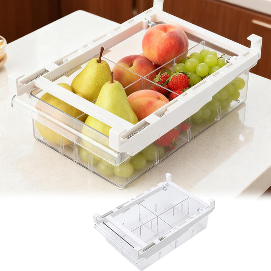 Fridge Drawer Organizer, Pull Out Shelf Storage Transparent Organizer for Refrigerator, Drawer Organizer for Egg, Fruit, Vegetable, Seafood, Meat, Cheese, Produce (White B)