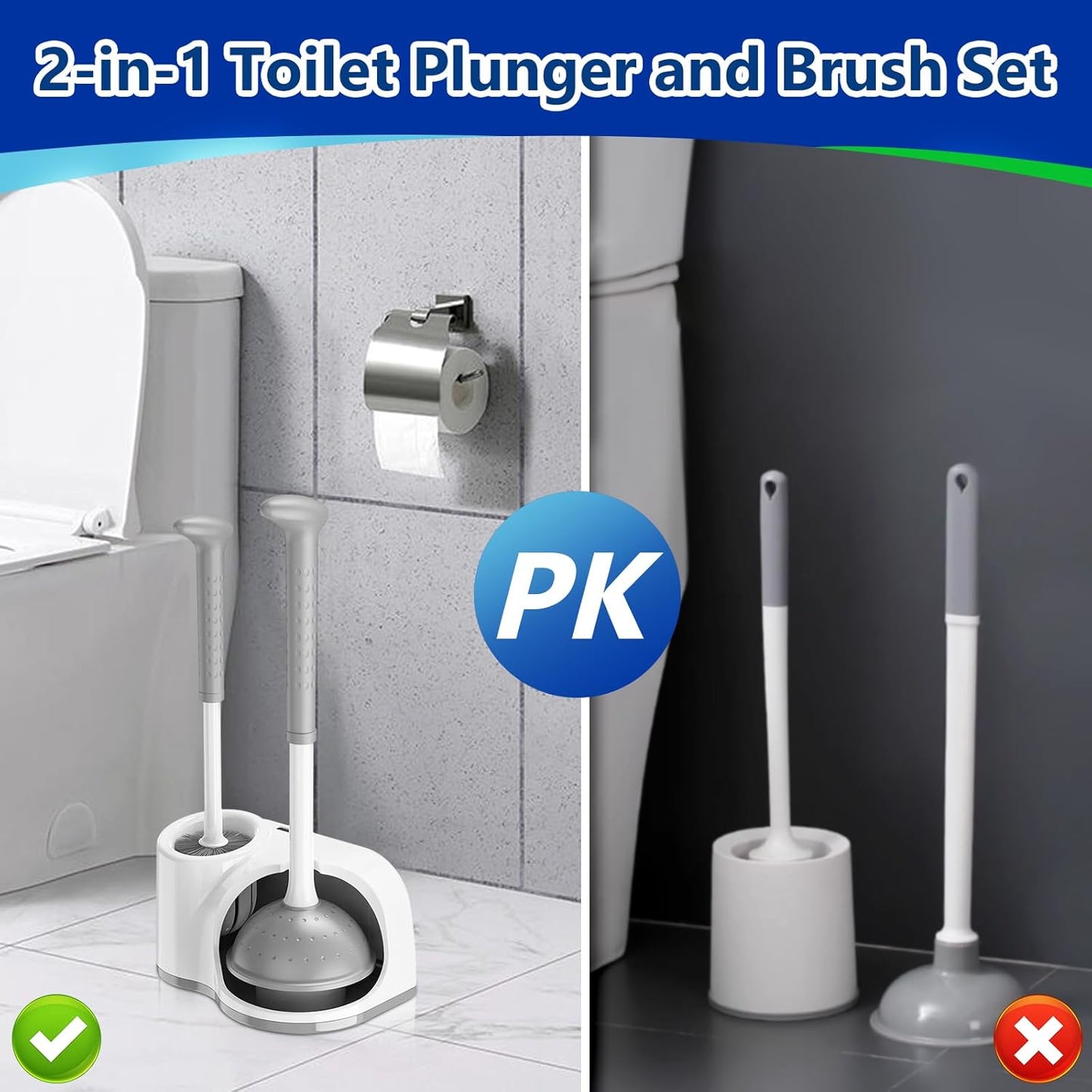 Toilet Brush and Plunger Set: 2-in-1 Heavy Duty Toilet Plunger and Bowl Brush Combo with Holder for Bathroom Cleaning - White