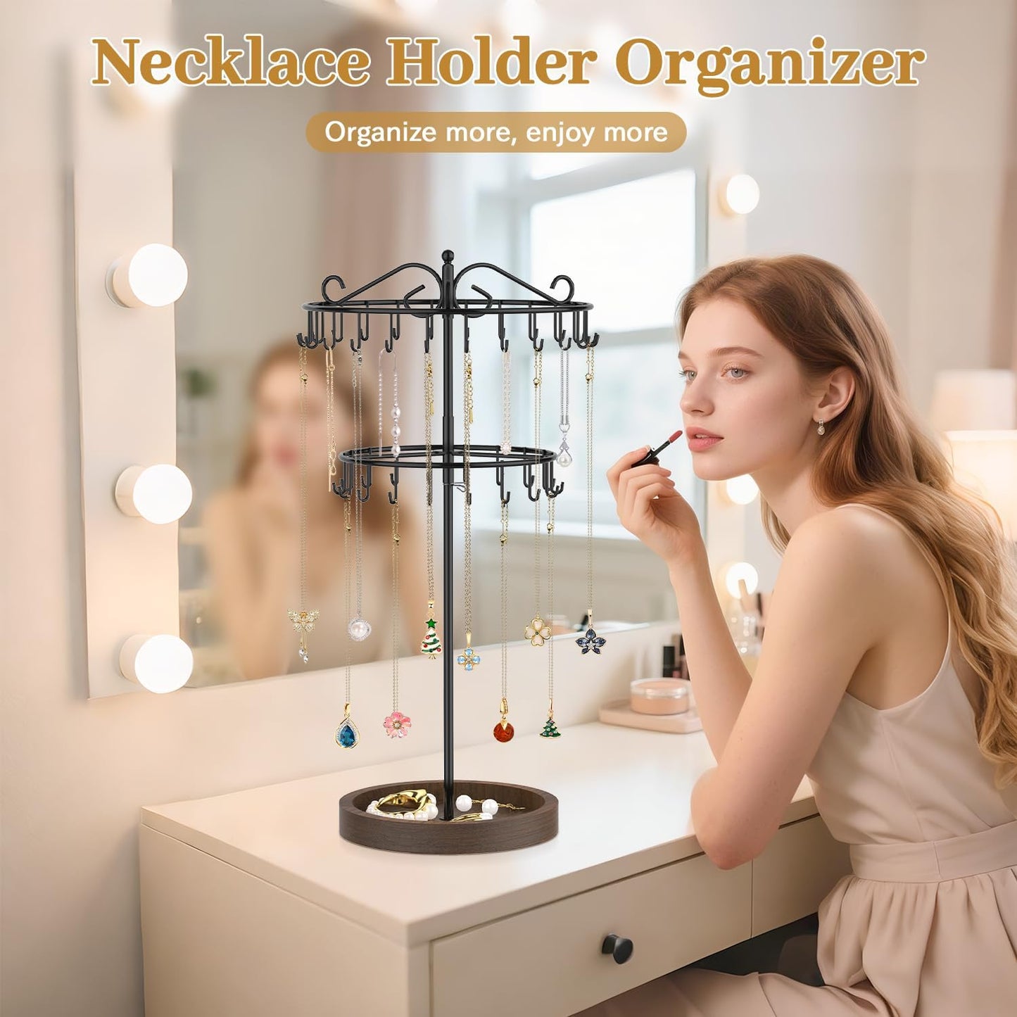 MODOWEY Rotating Necklace Holder Stand Organizer, 2 Tier Adjustable Extra Tall Metal Display Tree with Wooden Tray, 42 Hooks Pendant Hanger for Women Men, Stylish and Secure Jewelry Rack, Black