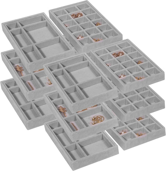 DIOMMELL 12 Pack Stackable Velvet Jewelry Trays Organizer, Jewelry Storage Box Display Trays Showcase Holder Closet Dresser Drawer Organizer for Earring Necklace Bracelet Ring Accessary, Grey