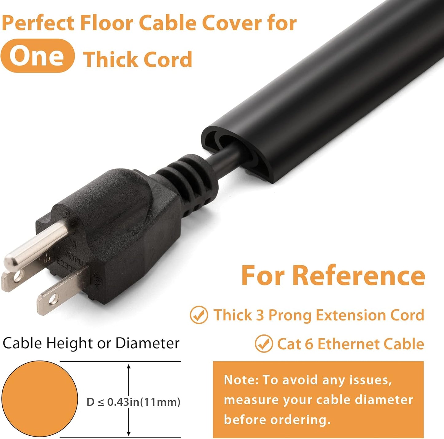 5ft Cord Cover Floor for Extension Cords, Floor Cable Cover, Self-adhesive Wire Cover to Protect Cables & Prevent Tripping, PVC Cord Hider Floor Cord Protector, Internal Channel Diameter: 0.39", Black