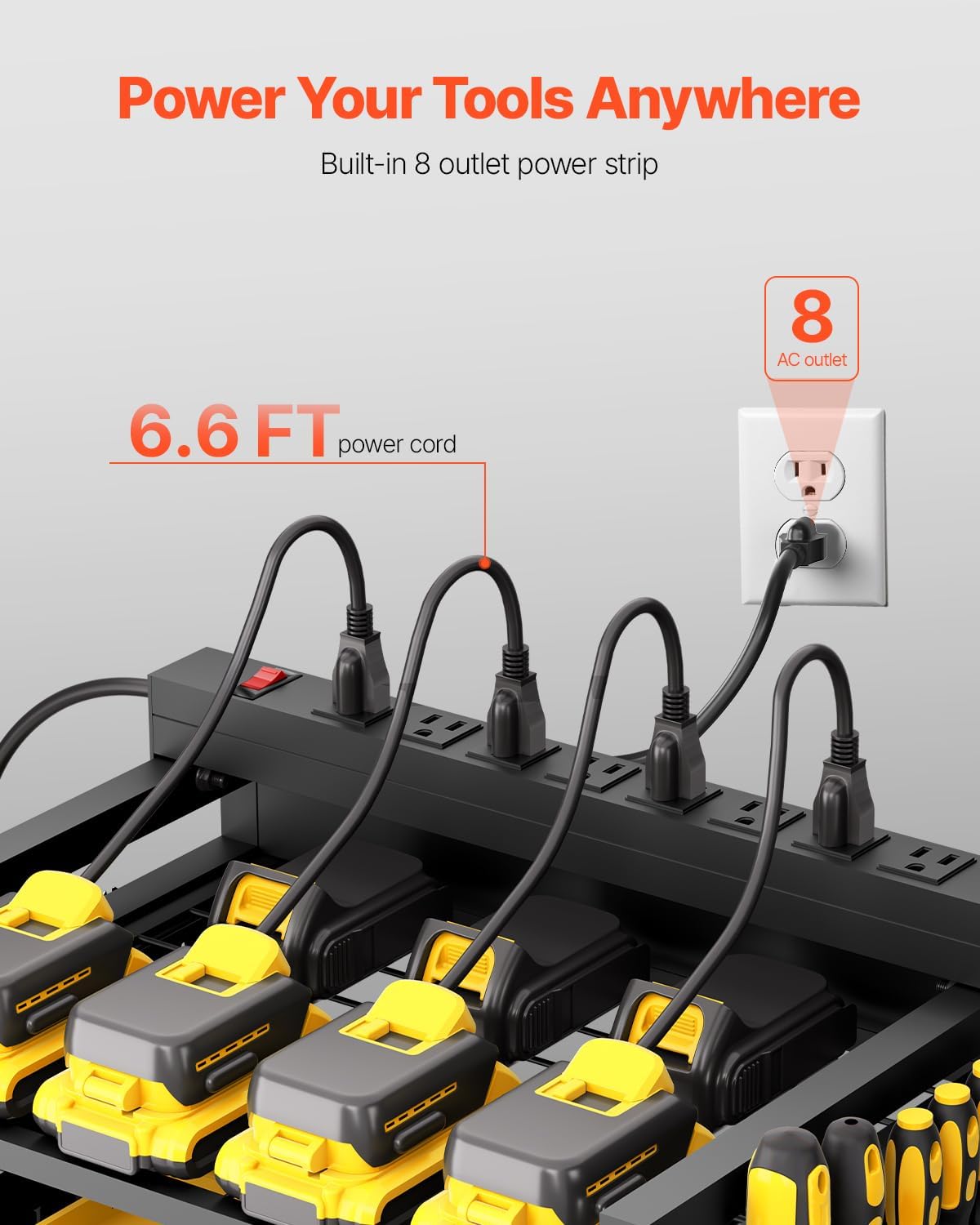 VEVOR 5-Tier Tool Organizer Cart with Charging Station, 8 AC Outlet, Floor Stand Rolling Drill Holder and Tool Battery Storage Rack on Wheels, Garage Floor Rolling Storage Cart for Workshop, Garage