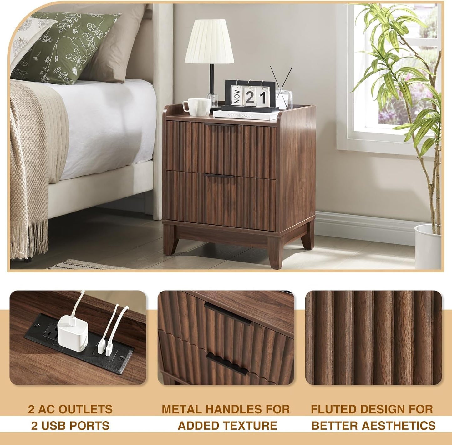 Wnutrees Fluted Nightstand with Charging Station, Modern Bedside Table with 2 Drawers, Farmhouse Wooden End Side Table for Living Room, Brown