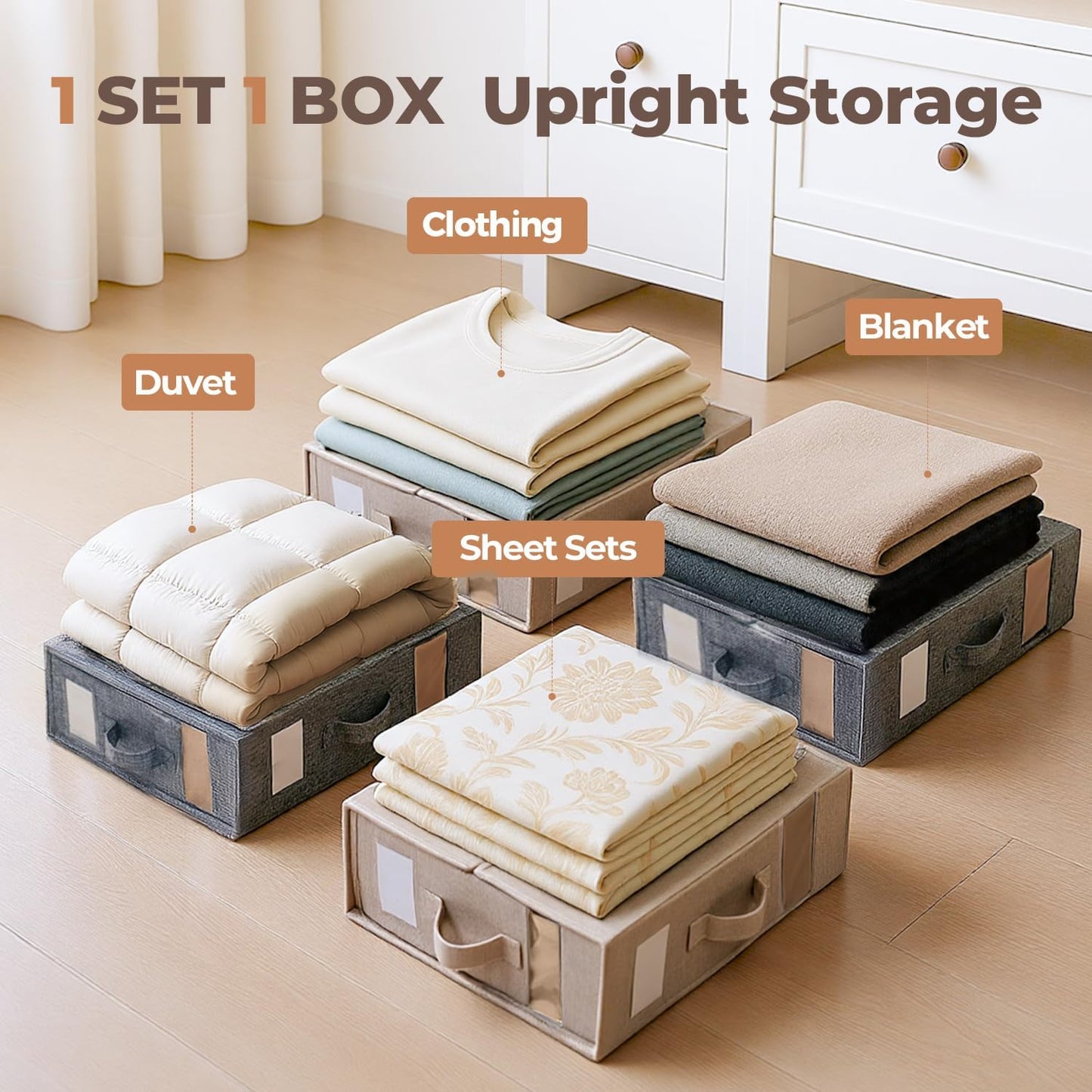 4 Pack Sheet Storage Organizer (King & Queen Size) with handle, Foldable Sheet Set Organizer for Linen Closet, Sheet Organizer for Blanket, Coverlet and Towel, Beige
