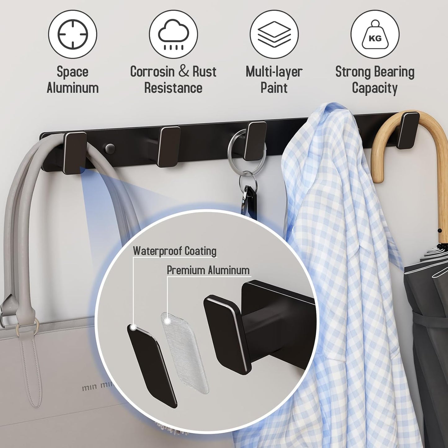Black Coat Rack Wall Hooks for Hanging Heavy Duty Door Hooks with 5 Hooks Key Holder for Wall Hat Rack for Entrance Coat Hook