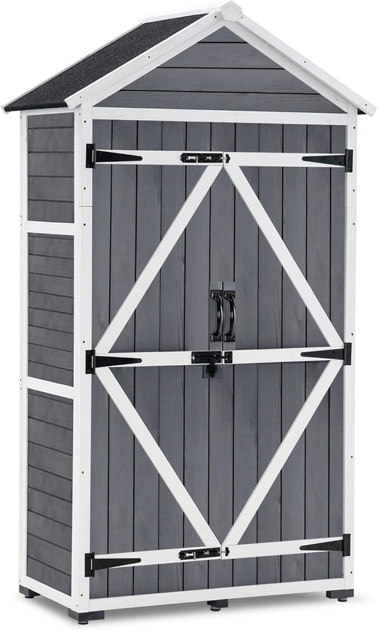 MCombo Outdoor Storage Cabinet with 2 Shelves, Outside Storage Shed with Floor, Wooden Garden Tool Shed with Latch for Yard Deck Lawn, 1000